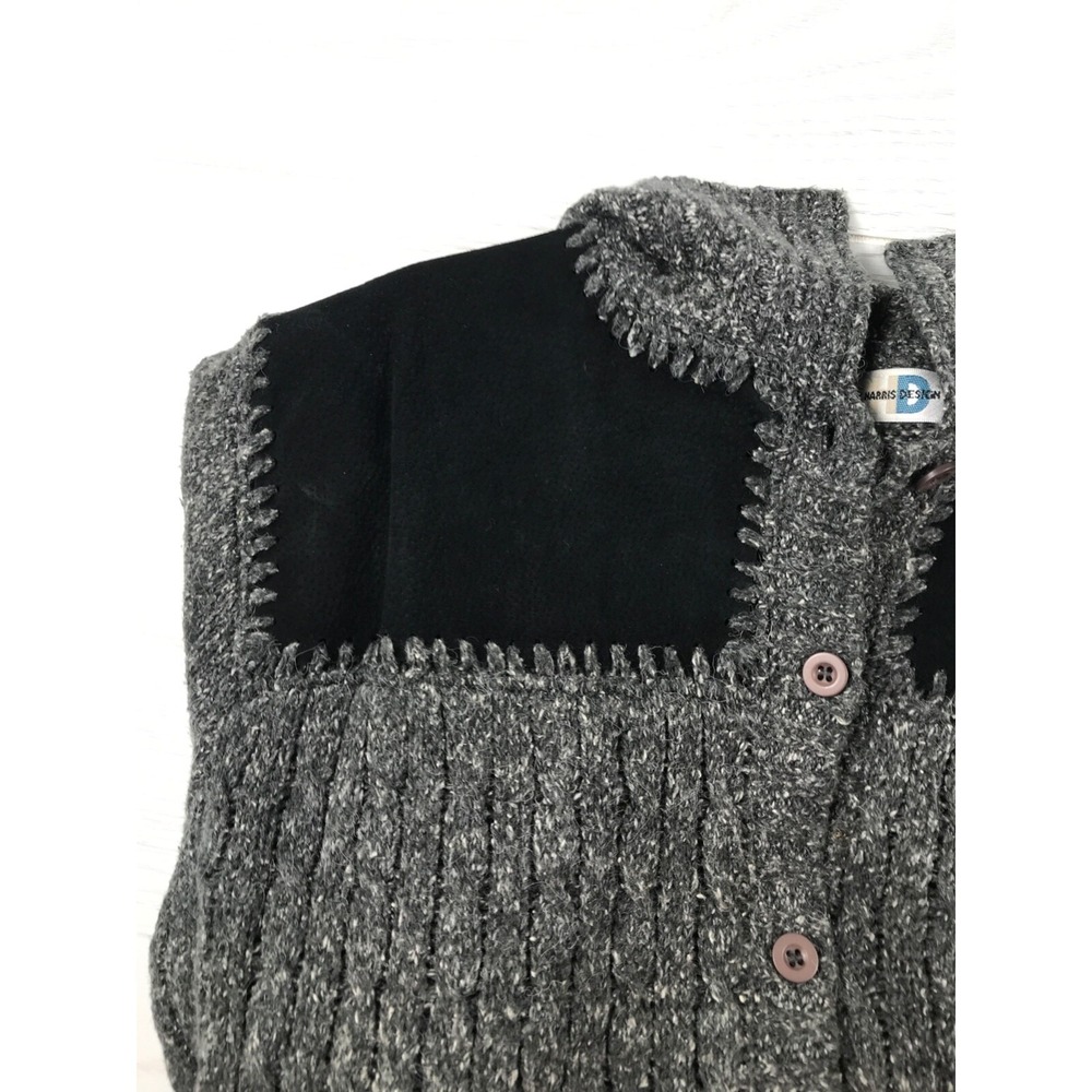 Vintage Paul Harris Design Sweater Womens L Gray Black Leather Trim Button Up - Picture 10 of 11